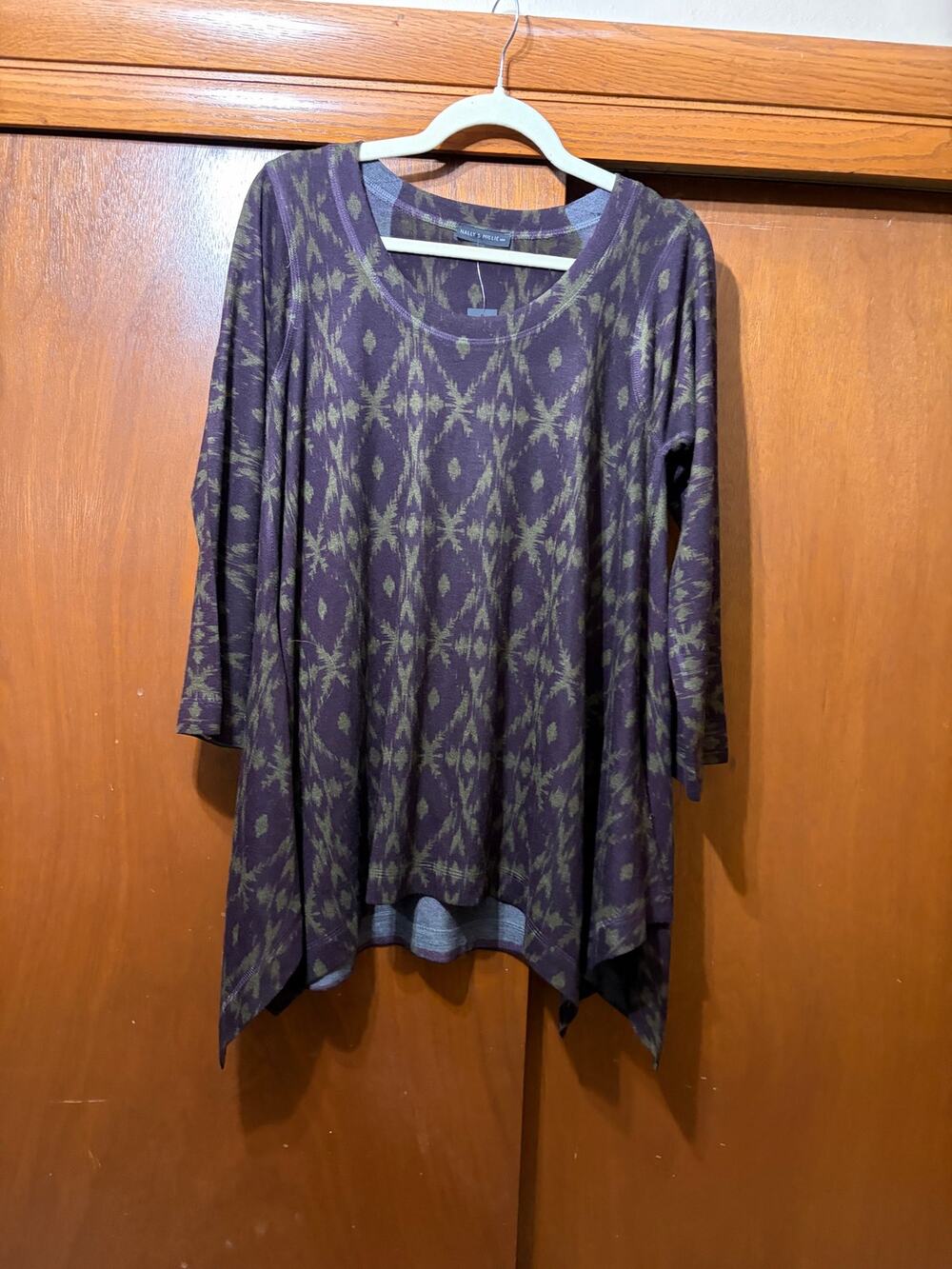 Nally & Millie Women's Small Ikat Print Draped Tunic Plum Moss A-Line
